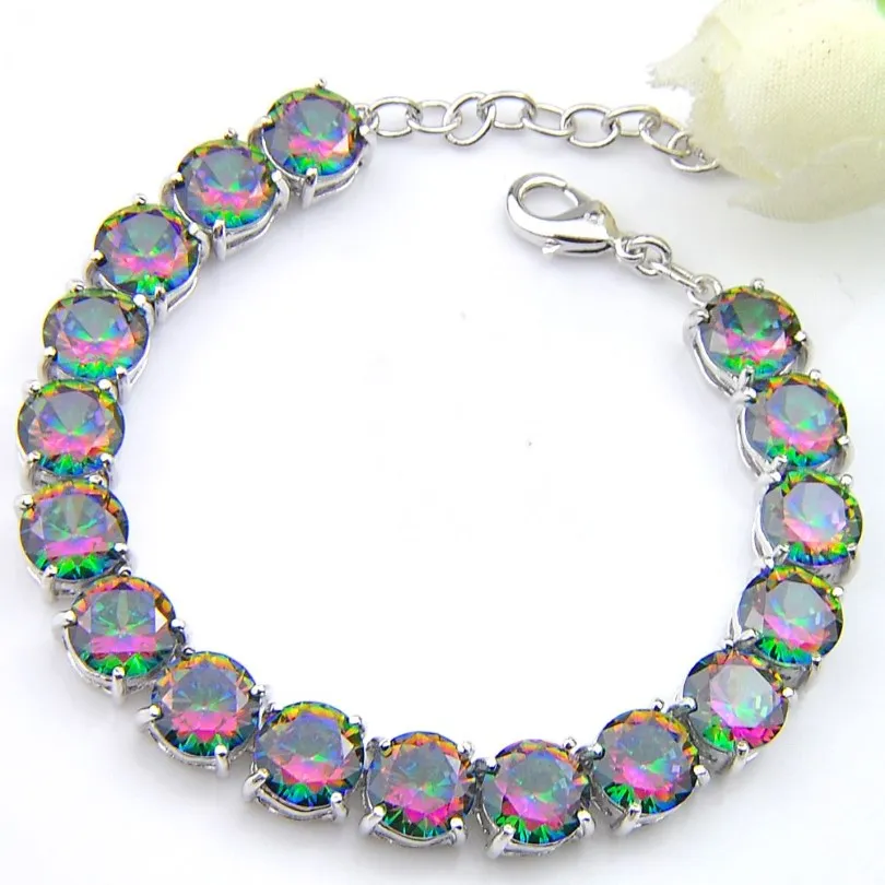 Entier-925 argent Sterling fait à la main Multi véritable rond Frie arc-en-ciel mystique topaze dame chaîne Bracelets240e