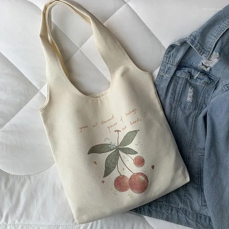 Berets Literature Cherry Print Tote Open Shopping Bag For Lady Canvas Shoulder Women Students Cotton Cloth Eco Shopper