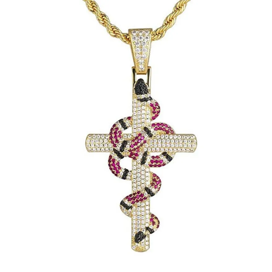 18k Gold Plated Ed Coral Snake Cross Pendant in White Gold Iced Out Zircon Bling Hip Hop Jewelry Gift3539