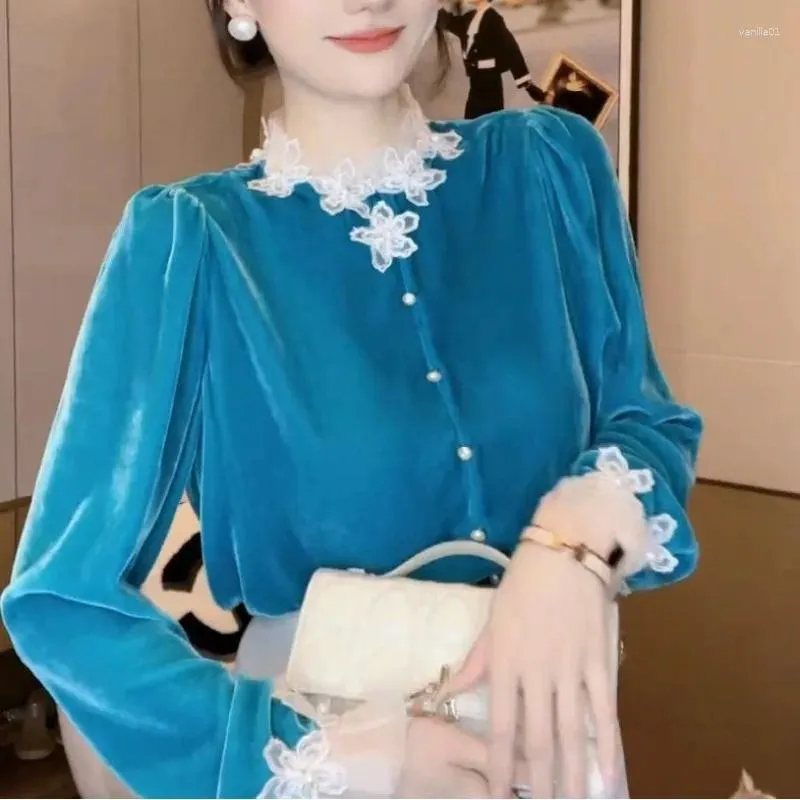 Женские блузки 2024, весенний пуловер с высоким воротником, французский павлин, синий, золотой, бархатный, модная кружевная модная рубашка с длинными рукавами