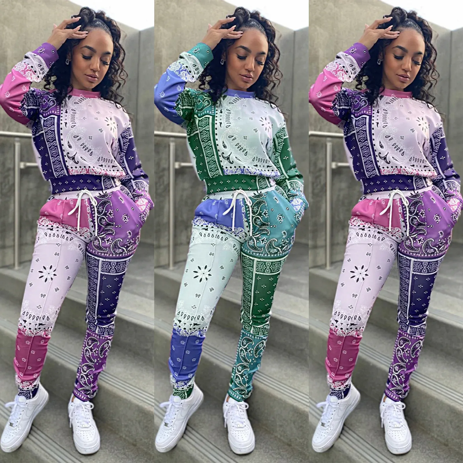 Capri Paisley Bandana Print Twee 2-delige set Dames Fiess Sweatsuit Sweatshirt + Joggerbroek Set Trainingspak Vintage Outfits