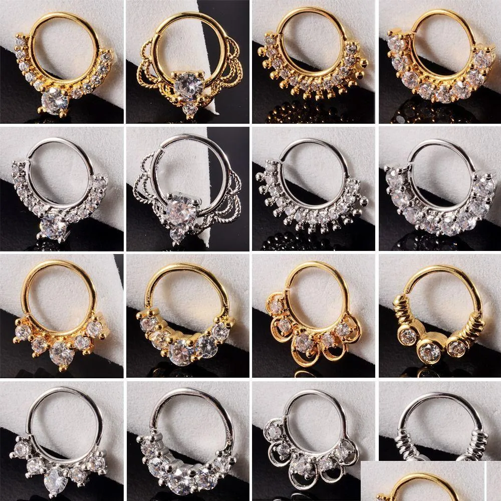 Göbek çan düğmesi halkaları 16pcs cz burun çember burun deliği bükülebilir halka zirkon kıkırdak tragus daith küpeler septum tıkır