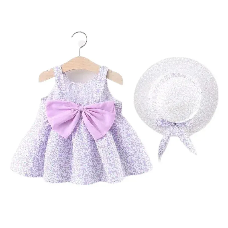 Vêtements d'été bébé fille robes de plage mode décontractée imprimer mignon arc fleur robe de princesse avec chapeau de soleil né ensemble de vêtements 240226