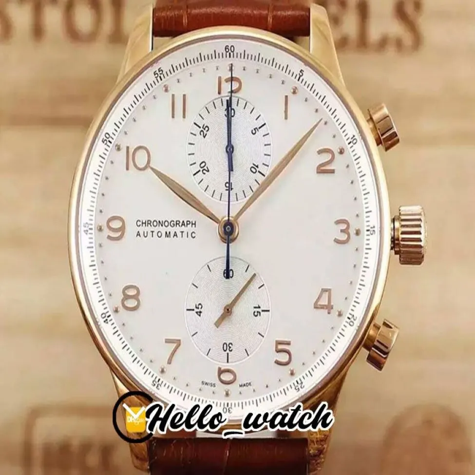 Дешевые новые 40 9 мм корпус из розового золота Miyota Qaurtz Chronogrpah Мужские часы Белый циферблат Коричневый кожаный ремешок Часы Высокое качество Hello Wat258N
