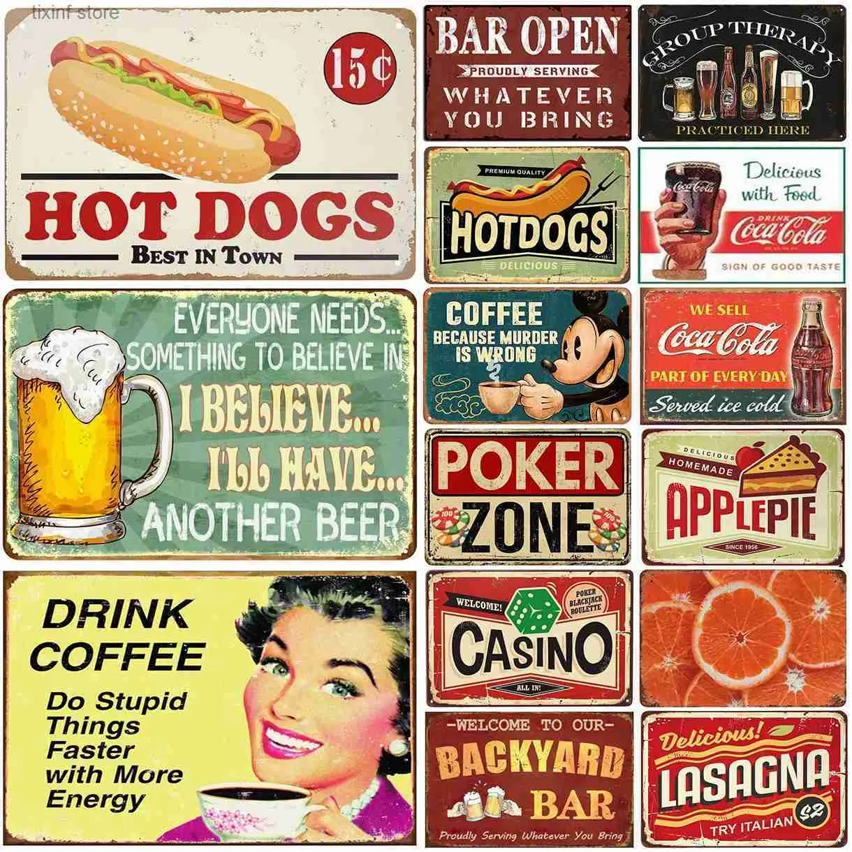 بار الطلاء المعدني مفتوح أفضل البيرة القهوة hotdogs cola metal tin signs decore bars bars man cave cafe clubs retro plaque t240309