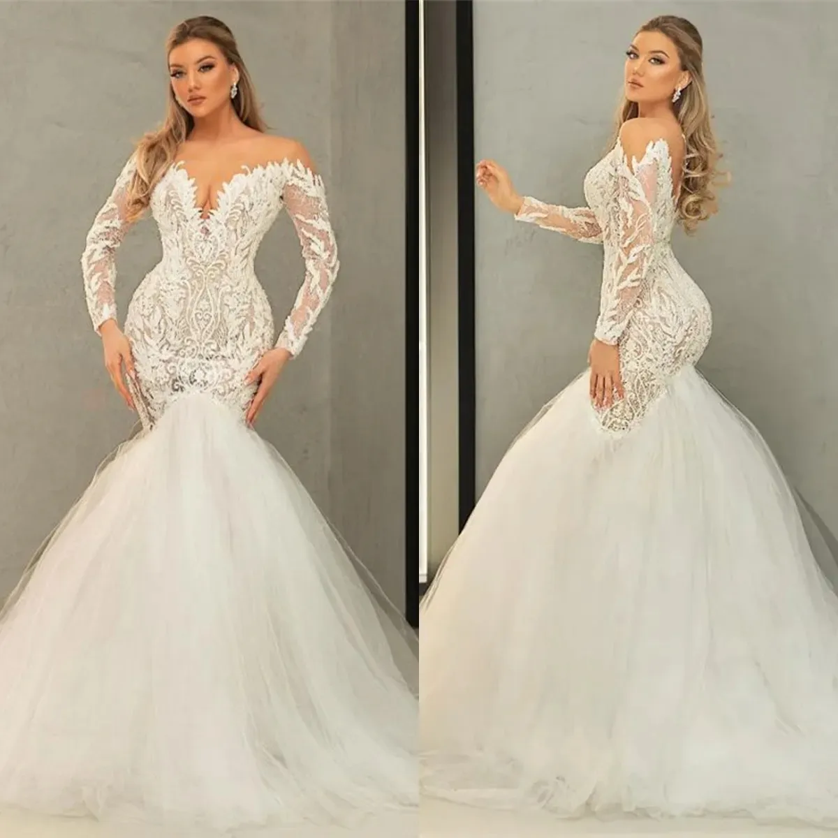 Abiti da sposa moderni a sirena estivi Abiti da sposa sexy a maniche lunghe con spalle scoperte Abito da sposa in pizzo senza schienale YD