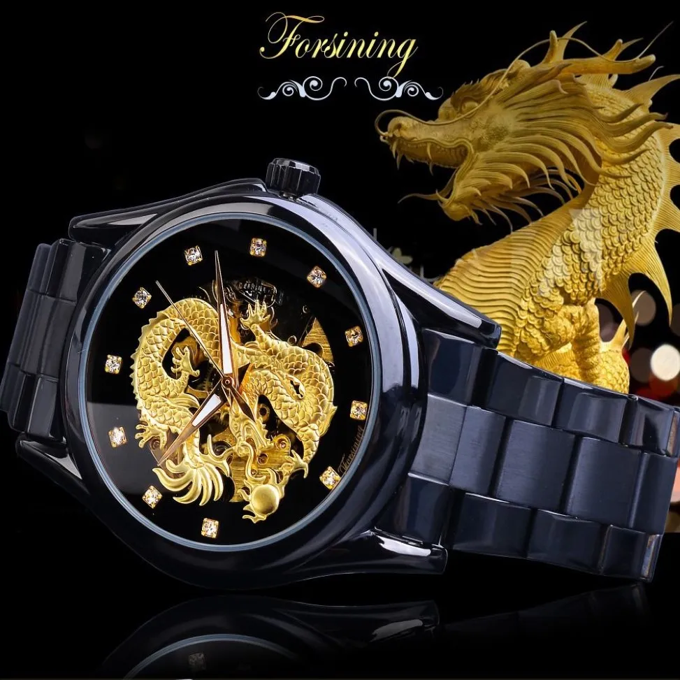 Relojes de pulsera Estilo europeo y americano Moda para hombres Banda de acero casual Reloj de dragón Hueco Reloj automático impermeable 182Q