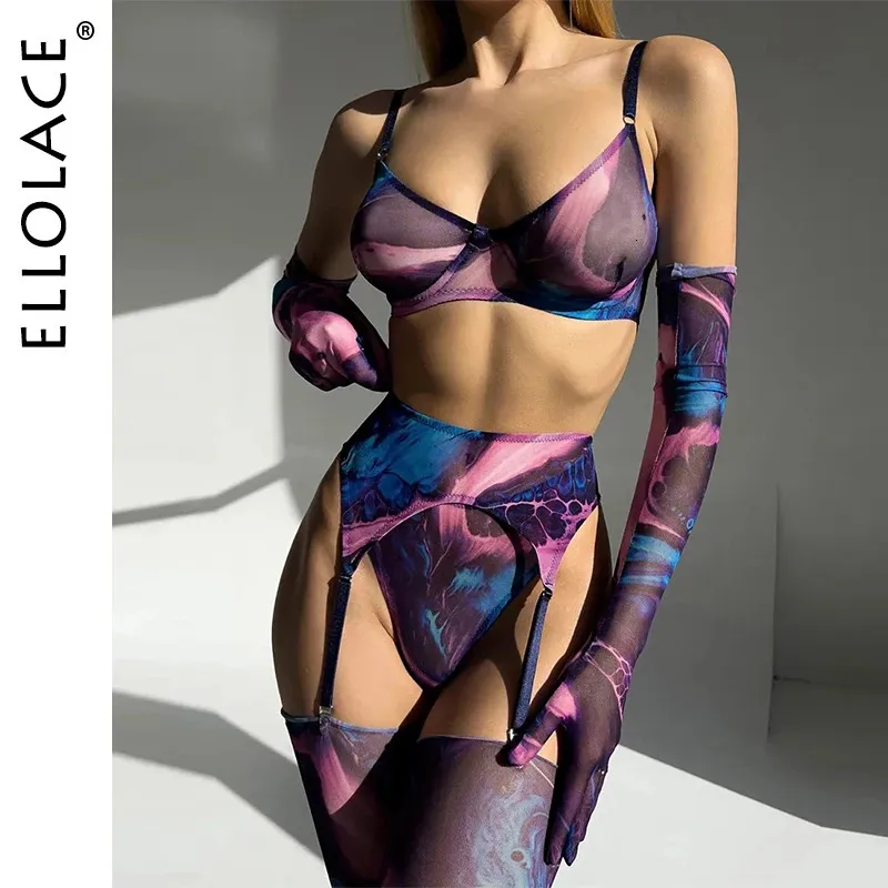 Ellolace tie-dye lingerie met kous mouw sexy fancy ondergoed 5-delig ongecensureerde intieme doorzichtige mesh sensuele outfits 240307