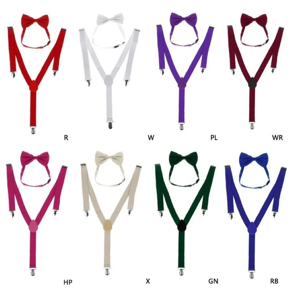 Mode 1 set unisex justerbar y-back hängslen båge slips clip-on hängslen elastiskt bröllop för män kvinnor 11 färger nackties244m