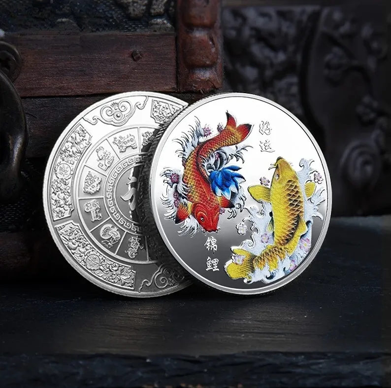 Collection Chinese Coins Koi Fish Good Luck To You Collectible Silver Gold Coin Lucky Mascot Commemorative Souvenir Gift