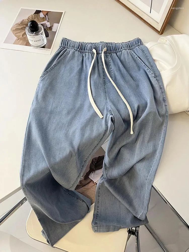 Frauen Jeans Sommer Dünne Frauen Kordelzug Elastische Taille Lose Gerade Frühling Weibliche Einfarbig Casual Denim Hosen