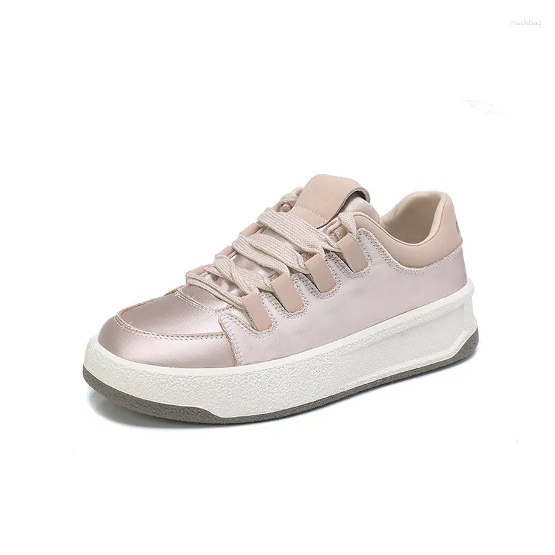 Scarpe casual Moda Donna Sneakers Tinta unita Stringate Punta tonda concisa piatta con fondo spesso Allenatore sportivo poco profondo rosa argento