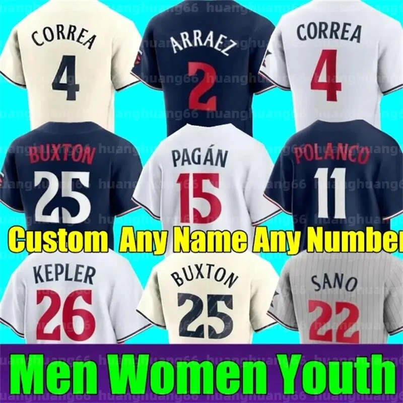 Personalizado Royce Lewis Jersey Byron Buxton Luis Arraez José Miranda Carlos Correa Max Kepler Gary Sánchez Gio Urshela Nick Gordon Jorge Polanco Miguel Sano Béisbol