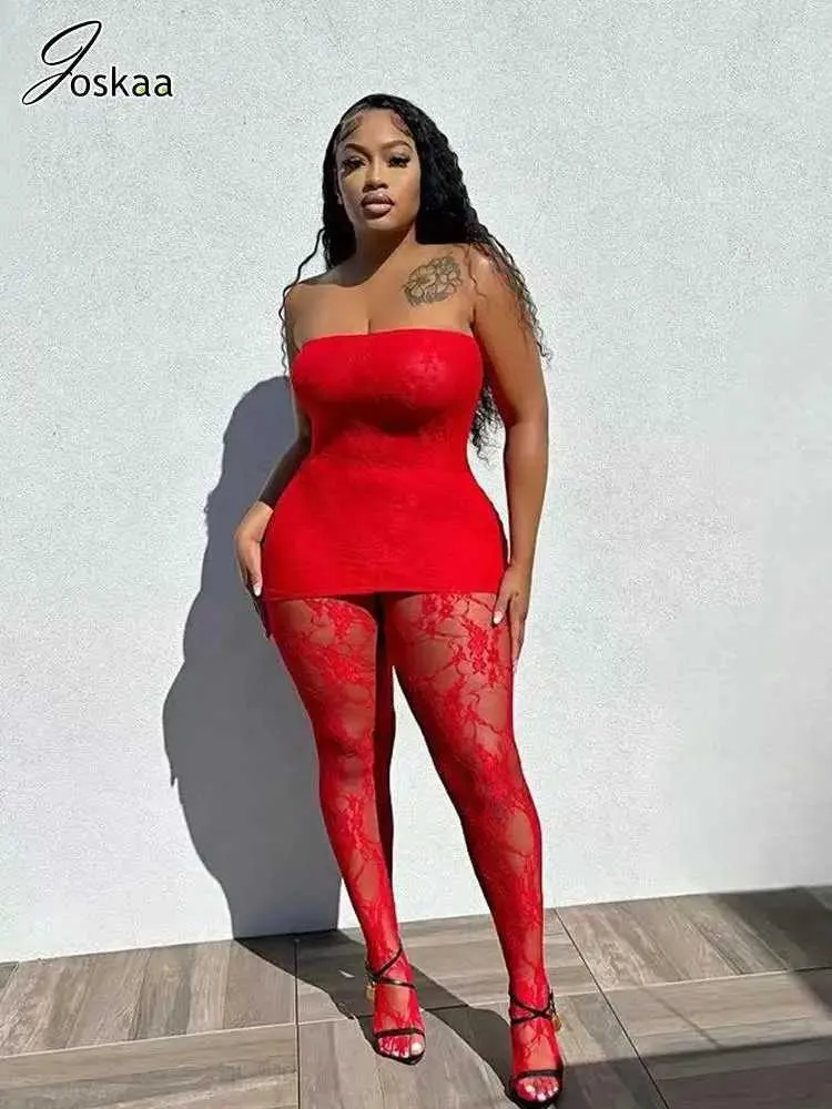 Grundläggande casual klänningar Jokaa Valentines Day Outfit för kvinnor svart röd spets baddie 2 bit set outfits 2023 nyår sexiga leggings club party outfit j240306