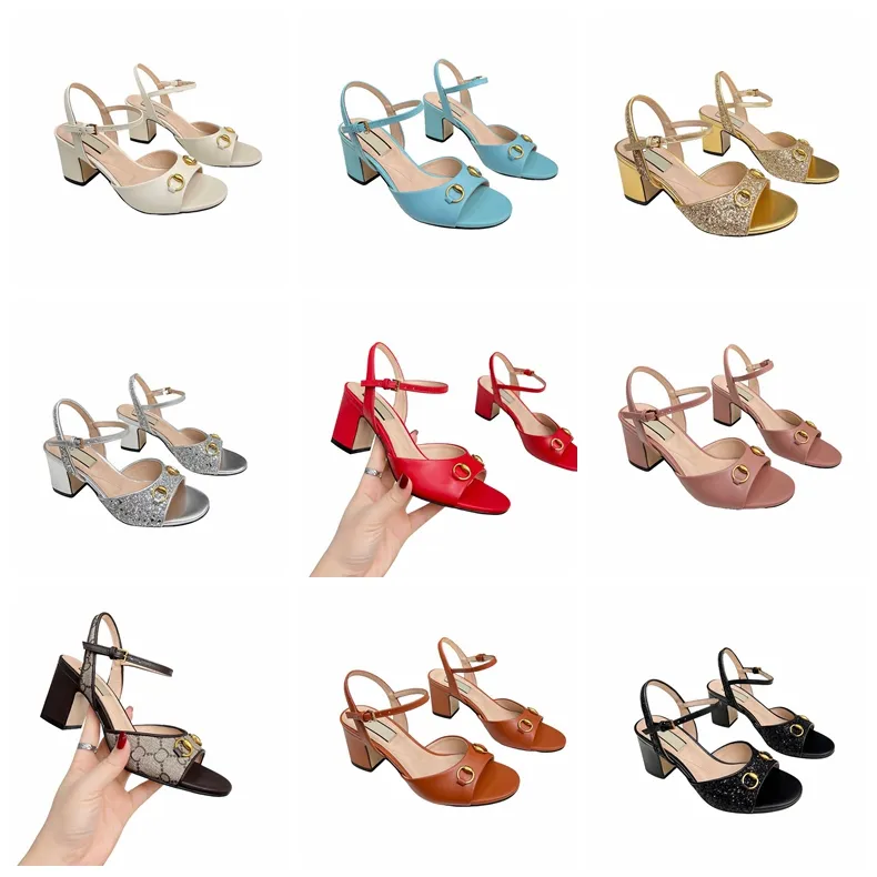 Modische Damen-Sandalen mit klobigem Absatz, offene Zehen, Schuhe für Damen, Sommer-Damen, berühmte Designer-Damen, Leder, formelle Schnallenschuhe, Jäten, Party-Schuh