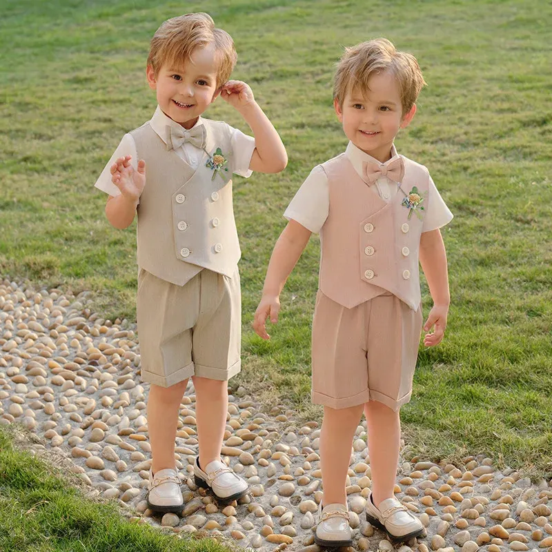 Crianças verão colete ternos conjunto coreano meninos cintura shorts bowtie flor trajes bebê crianças casamento aniversário festa vestido 240304