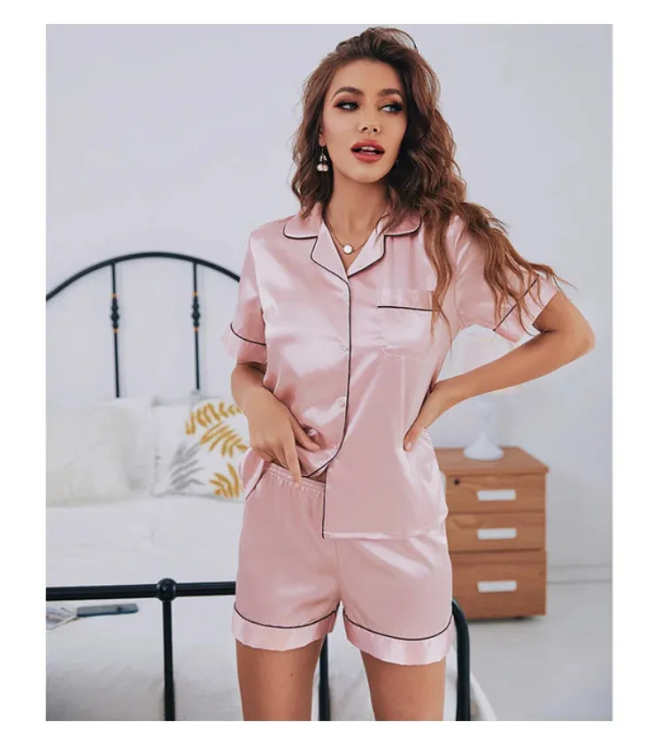 Kadın ipek saten pijama seti kısa kollu iki parçalı PJ setleri Sweetwear Loungewear düğmesi 240306