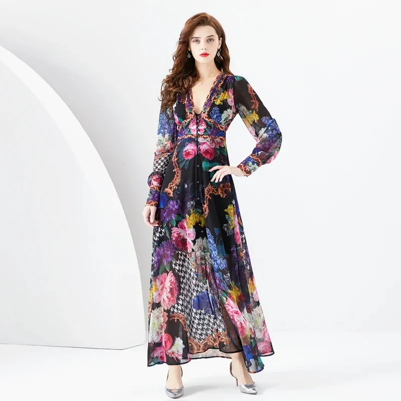 Grundläggande avslappnade klänningar Nya 2024 Summer Bohemian Chiffon Maxi Dress Women's Deep V-ringen Long Lantern Sleeve Floral Print Boho Robe Vestidos