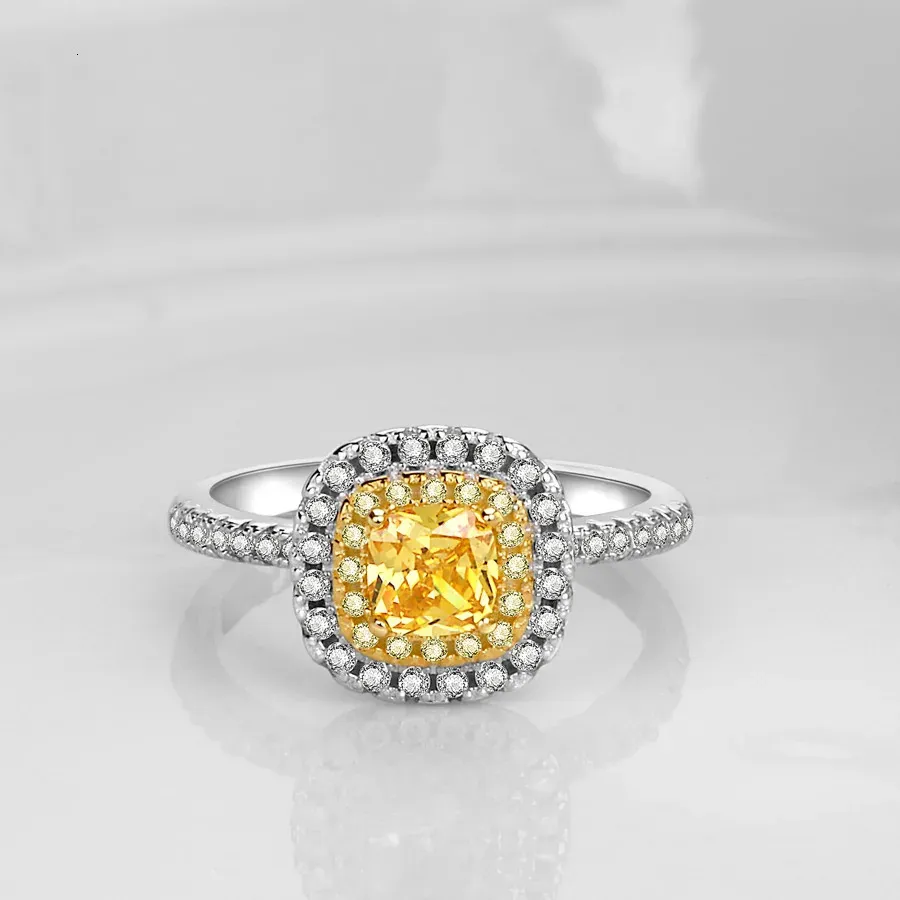 Anel feminino luxuoso de prata pura 925 com diamante amarelo 240307