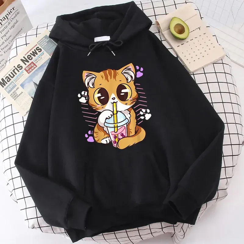 Sweatshirts söt katt som dricker mjölk te kawaii klädtoppar harajuku hoodie streetwear rolig tecknad boba kvinnliga flickor tröjor tröjor