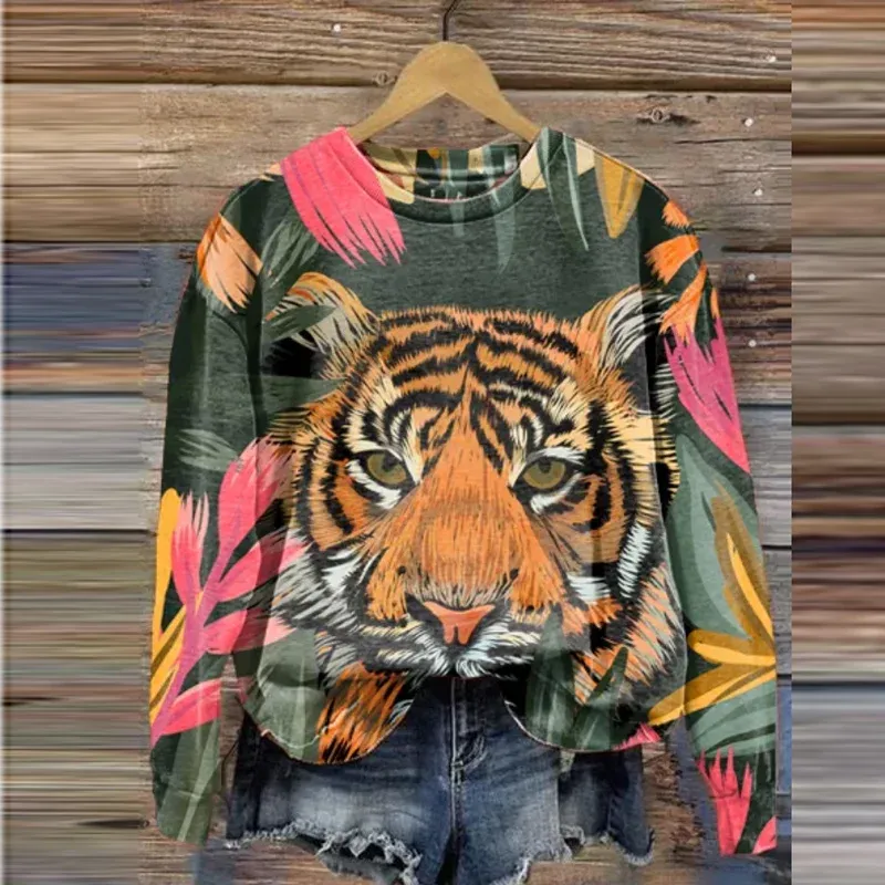 스웨트 셔츠 여자 후 까마귀 빈티지 oneck tiger 패턴 3D 프린트 스웨트 셔츠 가을 겨울 긴 슬리브 tshirt 여성 대형 풀오버 탑