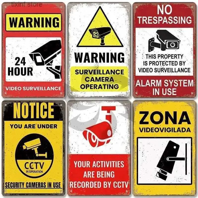 Metal Painting Warning CCTV Tin Signs Metal Plaque Notice 24 Hour Security Camera Vintage Poster Metal Plate Wall Decor for Mall Shop Bar T240314