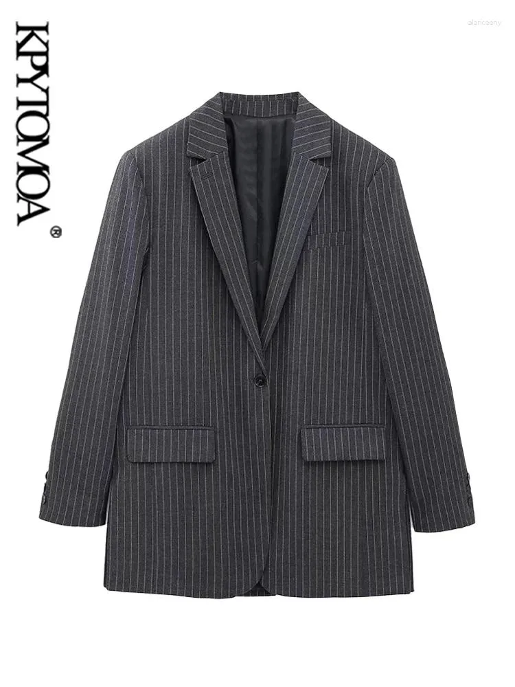 Women's Suits KPYTOMOA Women Fashion Front Button Pinstripe Blazer Coat Vintage Long Sleeve Flap Pockets Female Outerwear Chic Vestes Femmes