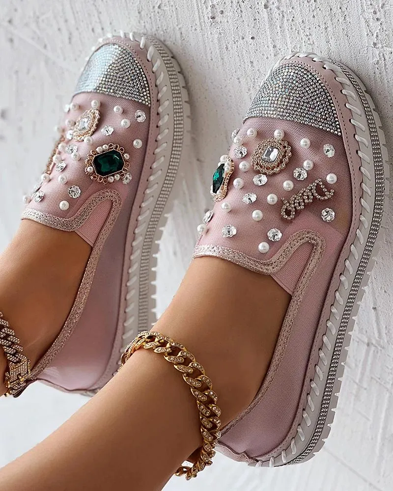 Casual Shoes Designer Sneakers Women Flats Daliy Wear Pearls Rhinestone Decor Muffin Ladies Loafers Zapatos De Mujer