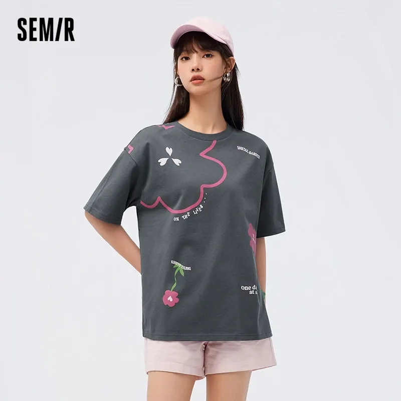 T-shirt Semir Short Sleeve Tshirt Women Mid Length 2023 Summer New Oversize Irregular Flower Dress Tshirt Sense