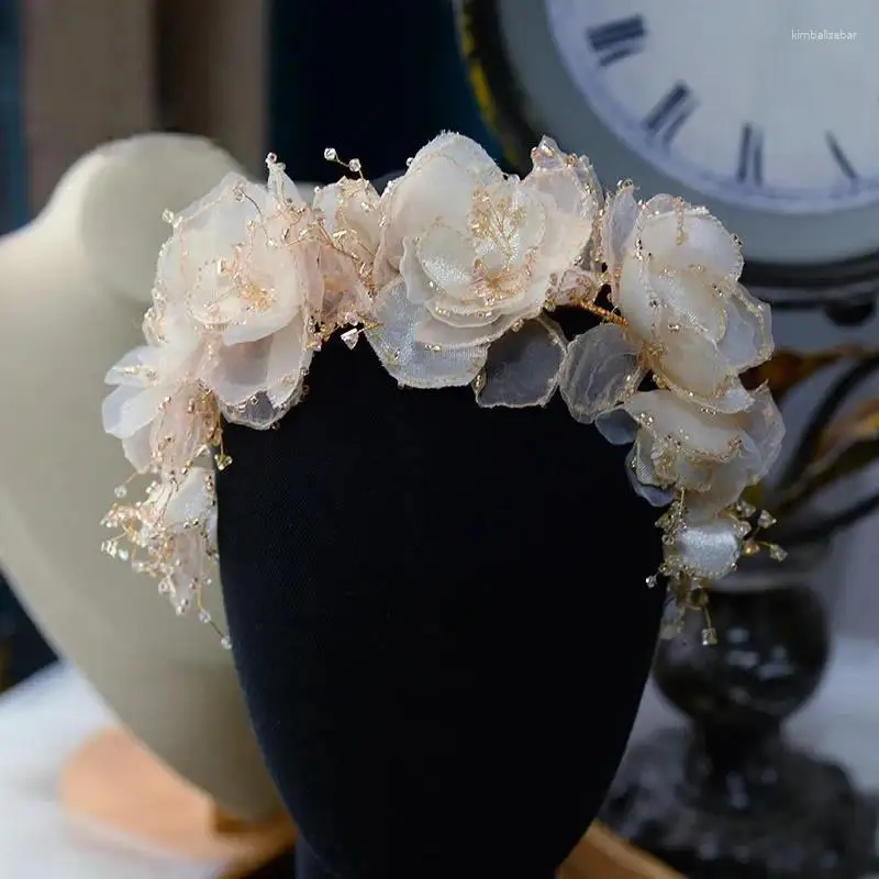 Hair Clips Champagne Handmade Flower Brides Headbands Pearls Bridal Hairbands Wedding Accessory Prom Head Wear