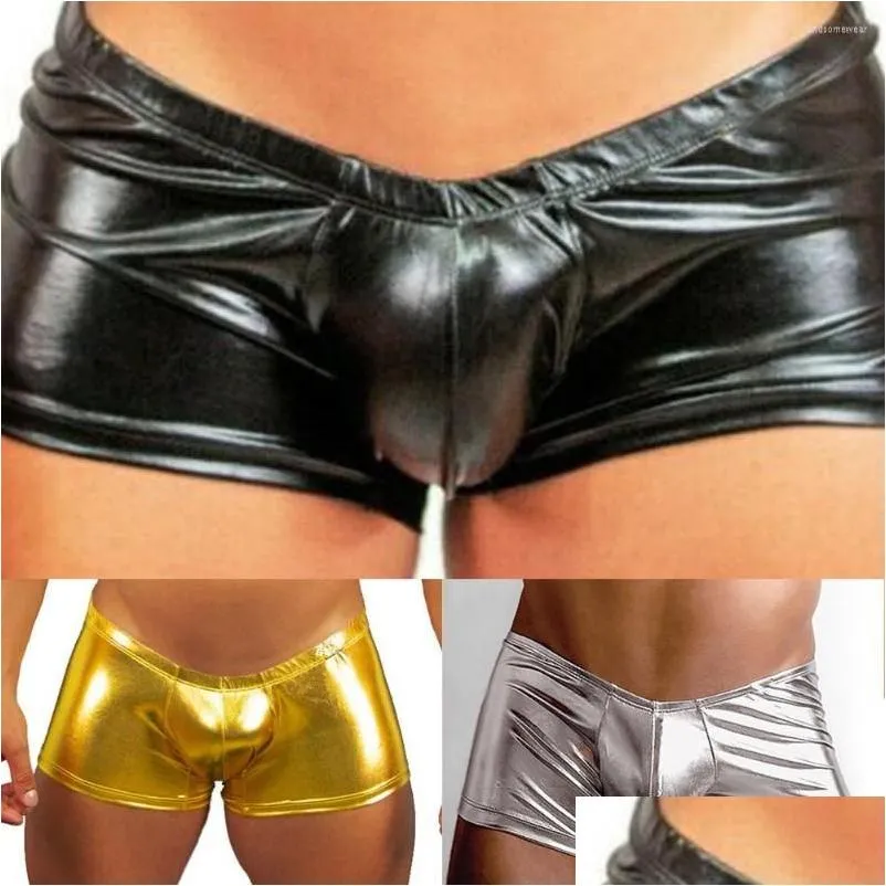 Underpants Boxer Shorts Leather Men Underpants Panties Y Briefs Trunk Metal Tight Bandage Underpant Gay Bikini Drop Delivery Apparel Dhir6