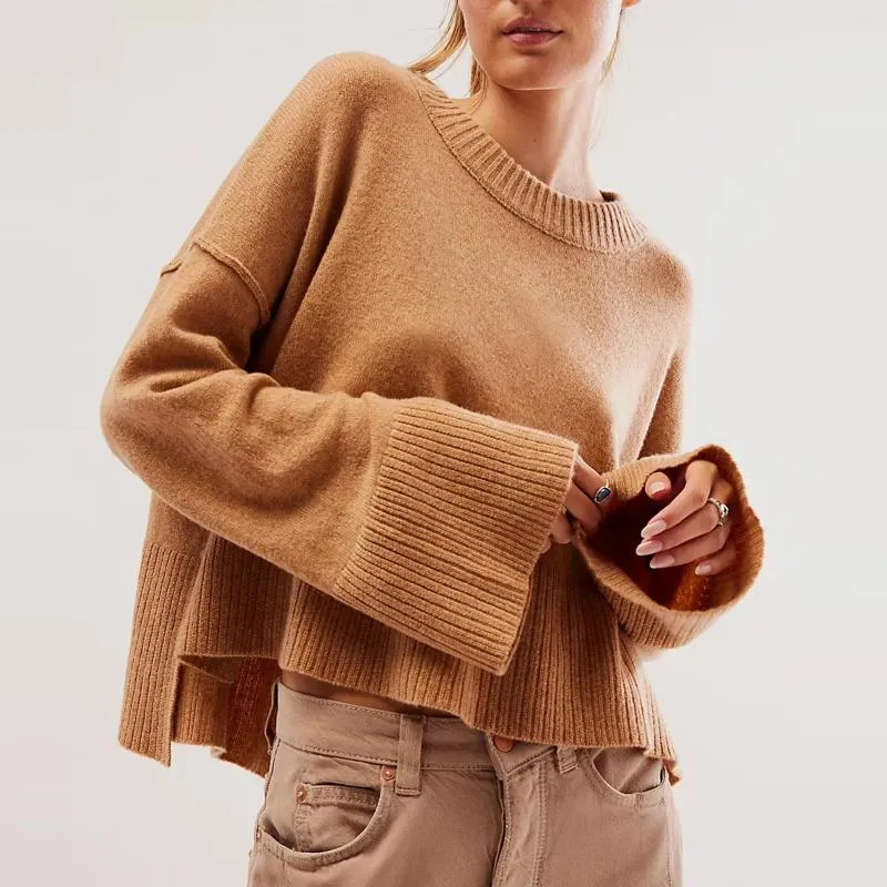 Women's Sweaters 2024 Female Casual Loose Round Neck Pullovers Slit Crop Knit Tops Solid Long Flared Sleeve Sweater Knitwear