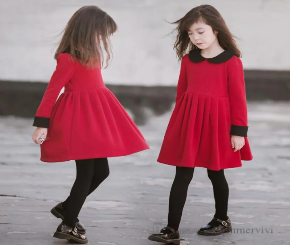 Grandes filles robes plissées rouges enfants couleur contrastée col de poupée robe à manches longues noël enfants princesse vêtements Q22887937069