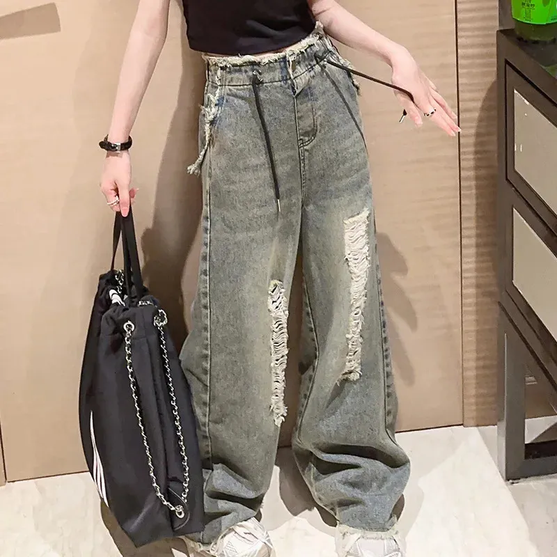 Girls Baggy Jeans With Lace Trim – Wide Leg, Loose Fit Casual Pants With Pockets