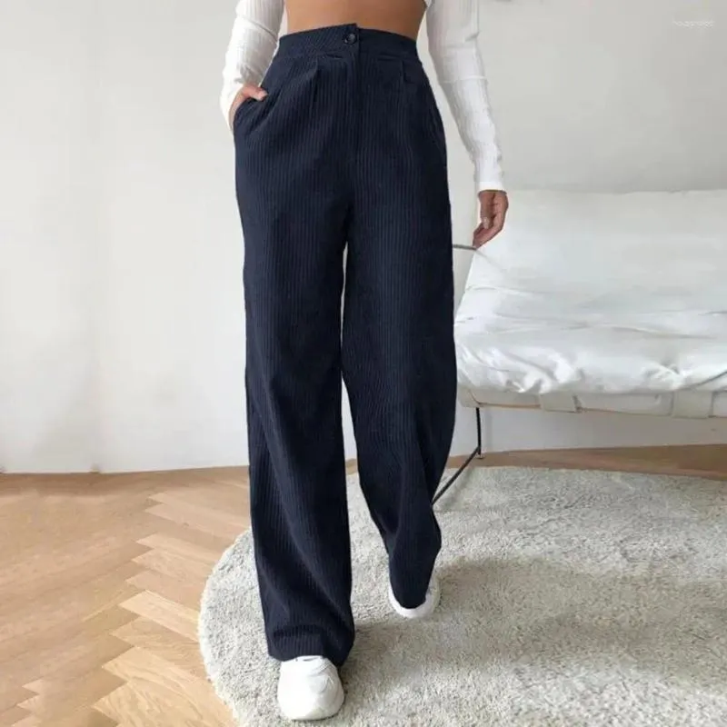 Women's Pants Women Solid Color Pockets Zipper Closure Button Lady Trousers Loose Wide Leg Straight Corduroy Streetwear