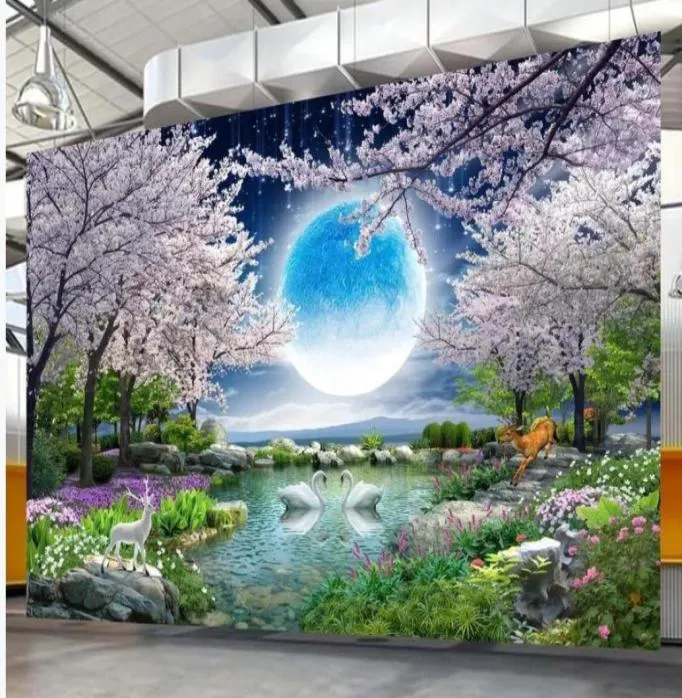 3d landscape wallpaper Moonlight beauty moon flower good moon round cherry tree landscape painting TV background wall2036053