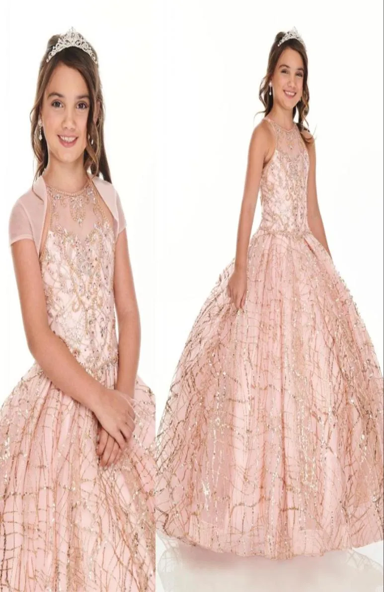 Abiti da spettacolo per ragazze in pizzo con paillettes in oro rosa e perline di cristallo rosa Abiti da ballo per bambini Abiti da festa di compleanno per bambine W8772115