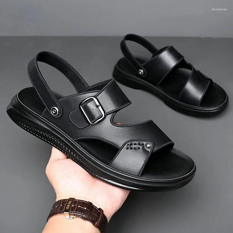 Sandaler Flat Man Summer 2024 Mens Slides Shoes For Men Slippers Buckle Strap Casual Outdoor Round Toe Sandal Male Beach