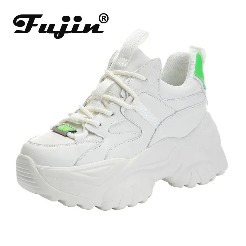 Fujin äkta läder kvinnliga sneakers chunky skor pappa 8cm plattform kil sneakers dolda häl casual skor våren hösten sommar 240228