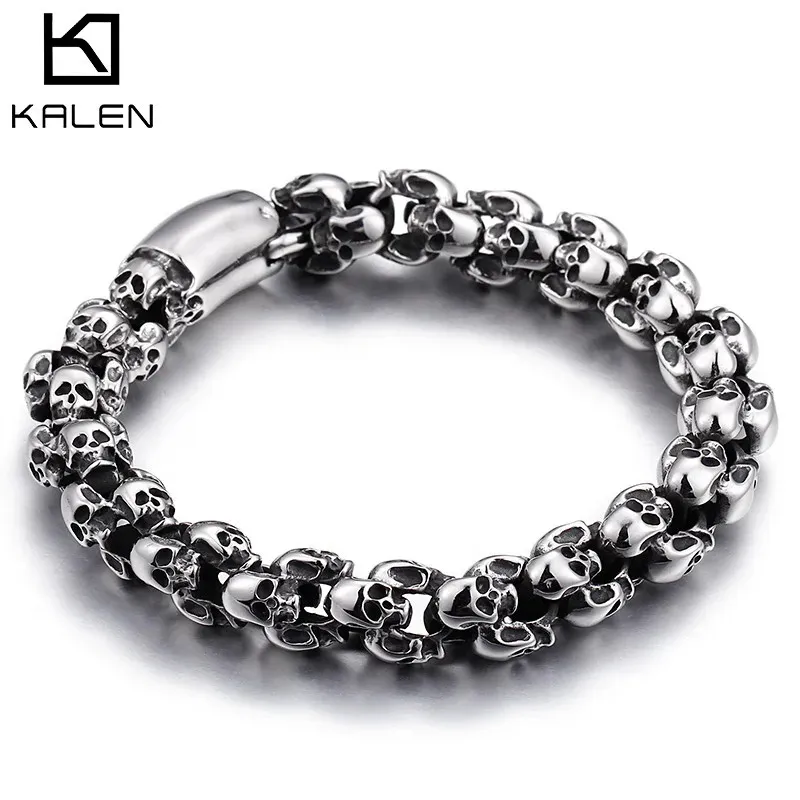 KALEN Punk Skull Bracciali Uomo Acciaio inossidabile lucido opaco Skull Charm Catena a maglie Brecelets Gioielli gotici maschili 240226