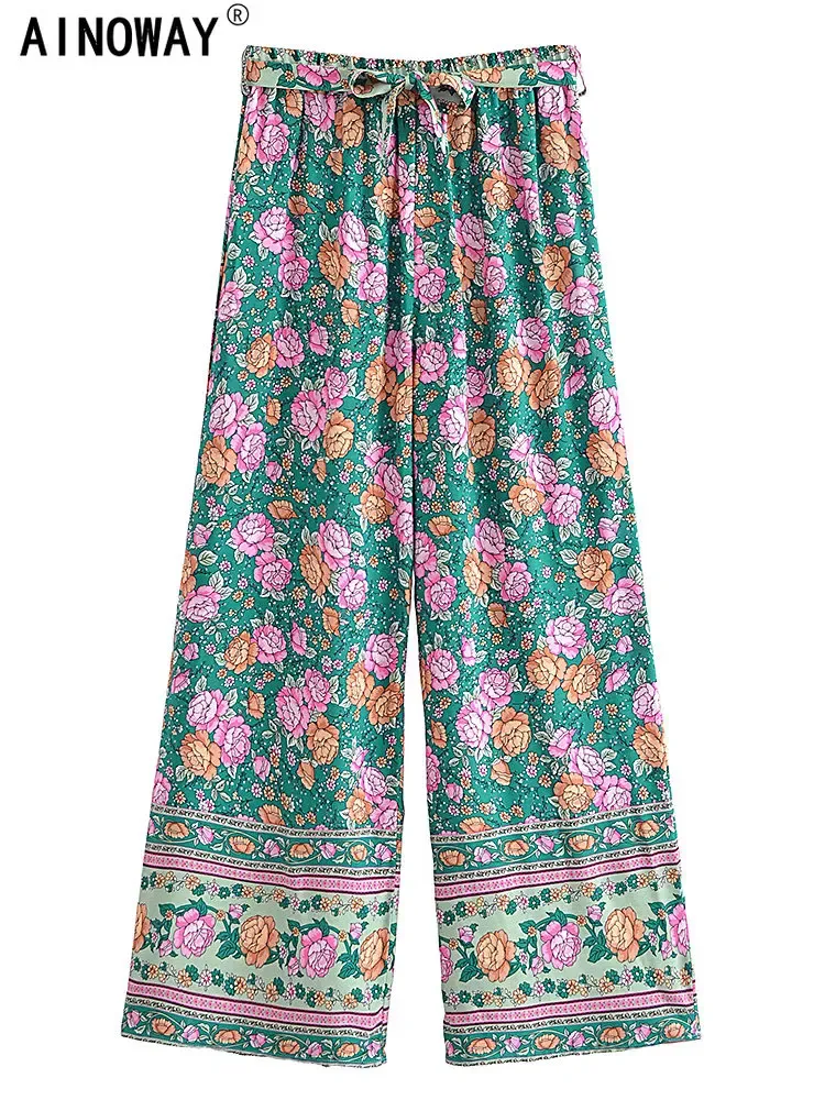 Capris Vintage Chic Kadın Çiçek Baskı Bohem Geniş Bacak Pantolon Lady Gotik Elastik Bel Gevşek Rayon Boho Uzun Pantolon Günlük Pantolon