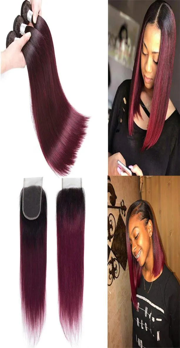 New Arrive Peruvian Burgundy Hair Weave With Closure Straight Two Tone Ombre 1B 99J Wine Red Human Hair Bundles And Lace Closures6817854