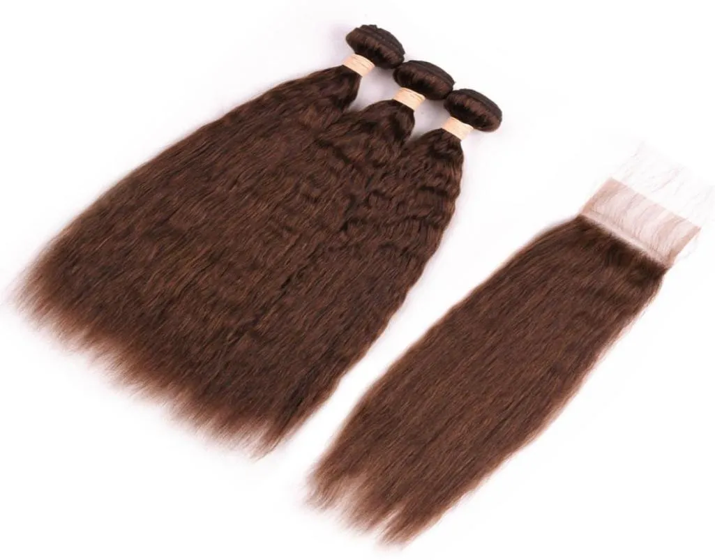 Chocolate Brown Kinky Straight Human Hair 3Bundles with Closure 4 Medium Brown Coarse Yaki Brazilian Hair Weaves with Lace Closur1223406