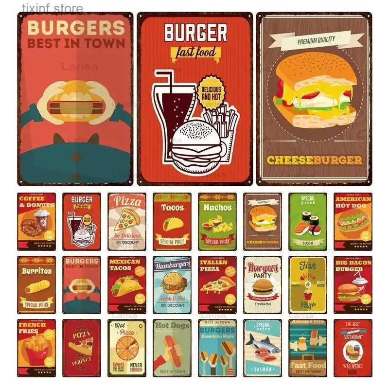 Metaalschilderij Hamburger Metaalschilderij Metaal Vintage Fastfood Tin Bord Wanddecoratie Tinnen Plaat voor Keuken Cafe Diner Bar Burger Metalen Borden T240309