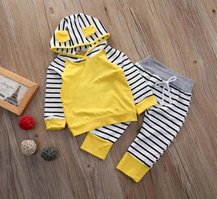 Nouvelle mode 2 pièces décontracté bébé unisexe vêtements ensemble nouveau-né bébé garçon fille à capuche à manches longues sweat rayé pantalon tenues313139803