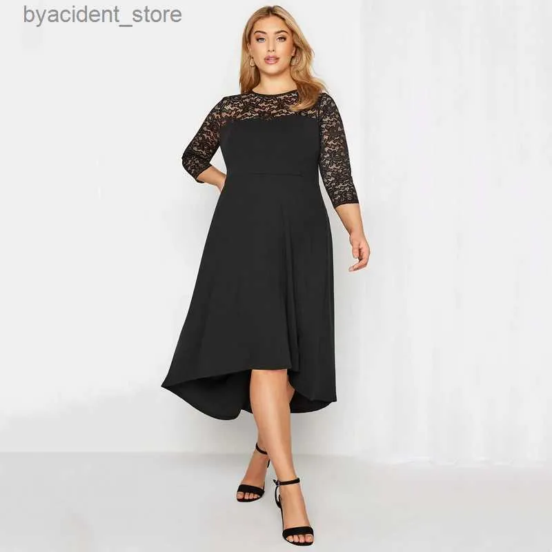 Urban Sexy Dresses Plus Size 3/4 Lace Sleeve Spring Autumn Elegant Party Dress Women Black Flt Flare Midi Dress Large Size Night Out Wedding Dress L240309