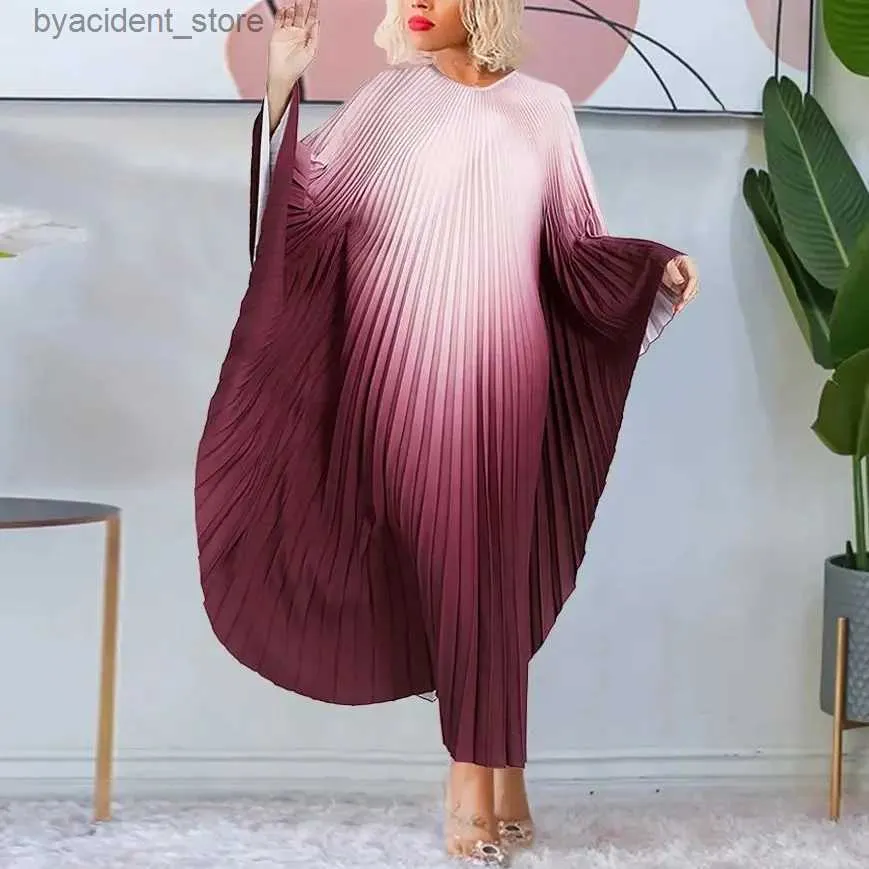 Urban Sexy Dresses Plus Size Tie Dye Loose Elegant Dress Female Batwing Pleated Prom Women Long Robe 2023 Autumn Fashion Large Size One Piece Dress L240309