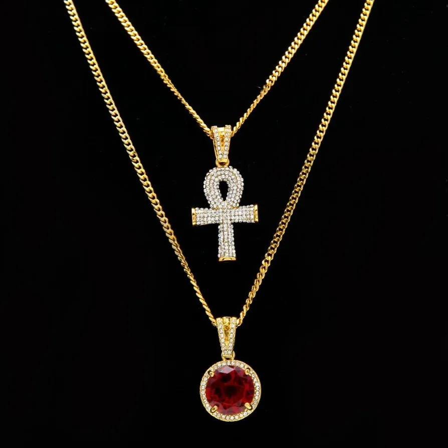 Egipski Ankh Key of Life Bling Rhinestone Cross Cross z okrągłymi czerwonymi wisiorami Ruby Naszyjniki Zestaw Men Hip Hop Jewelry255U