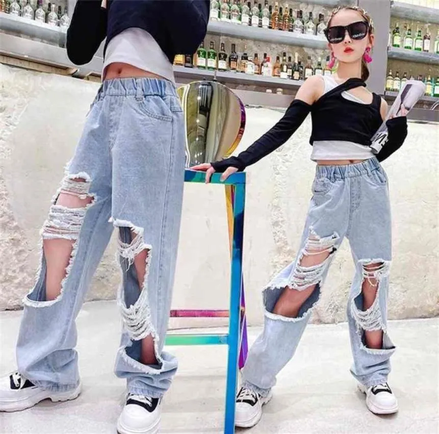 Pantaloni per ragazze Autunno Jeans strappati per adolescenti per matita con foro 8 10 12 Y Pantaloni per bambini casual per studenti 210909256J7551883