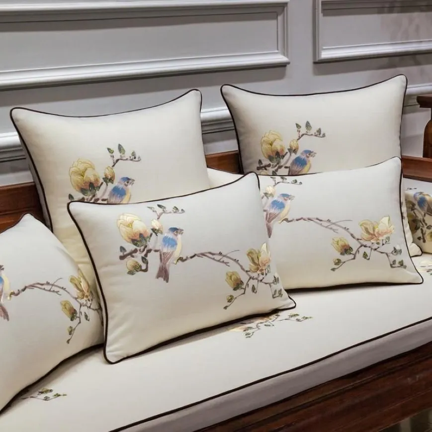 Chinois broderie housse de coussin fleur oiseaux luxe oreillers coussins Cojines Decorativos Para canapé nobles femmes pour la maison Decor257M